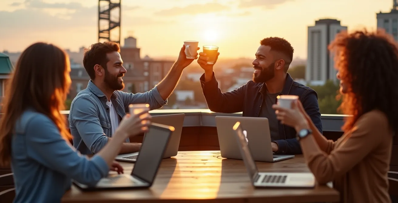 Groupe de nomades digitaux travaillant sur une terrasse ensoleillée à Montréal avec vue sur le Mont-Royal en arrière-plan