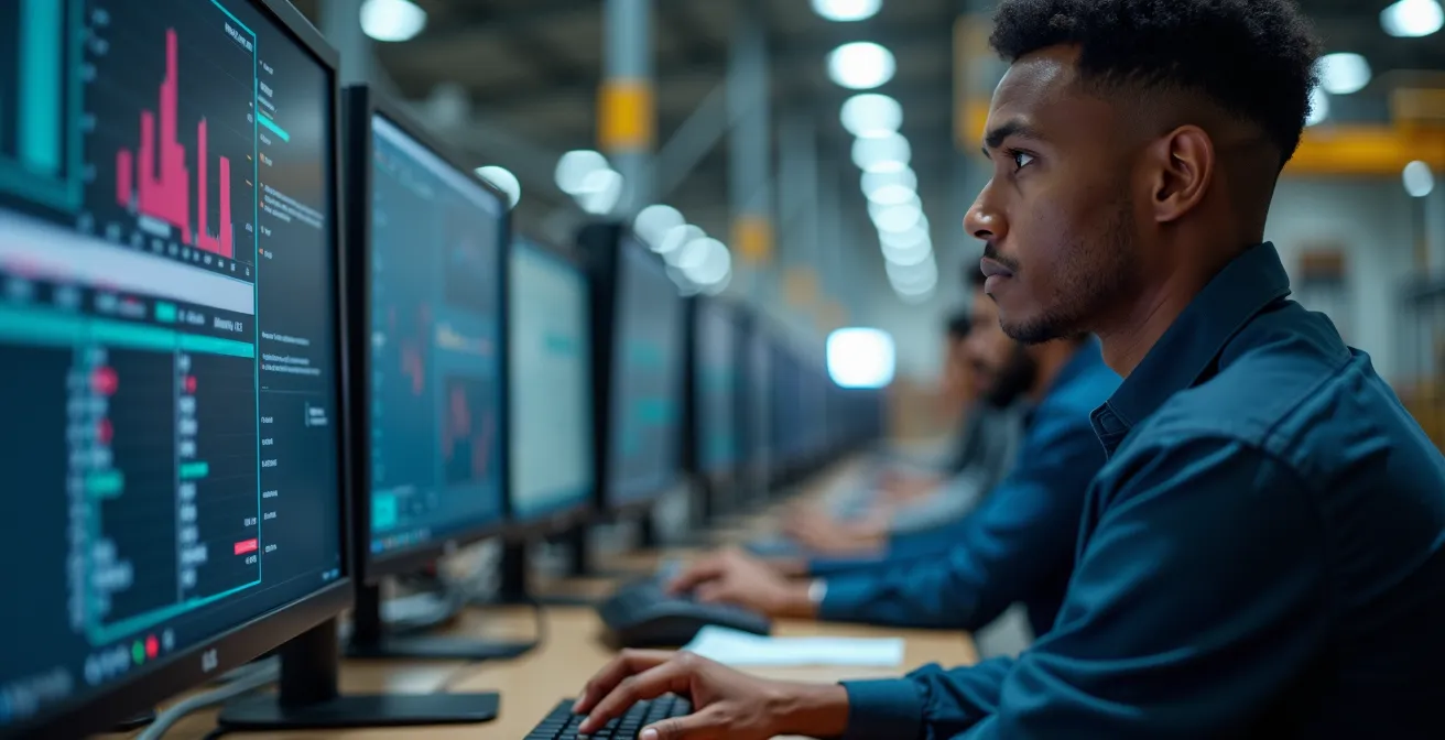 Opérateur analysant des données logistiques sur interface WMS dans un entrepôt automatisé