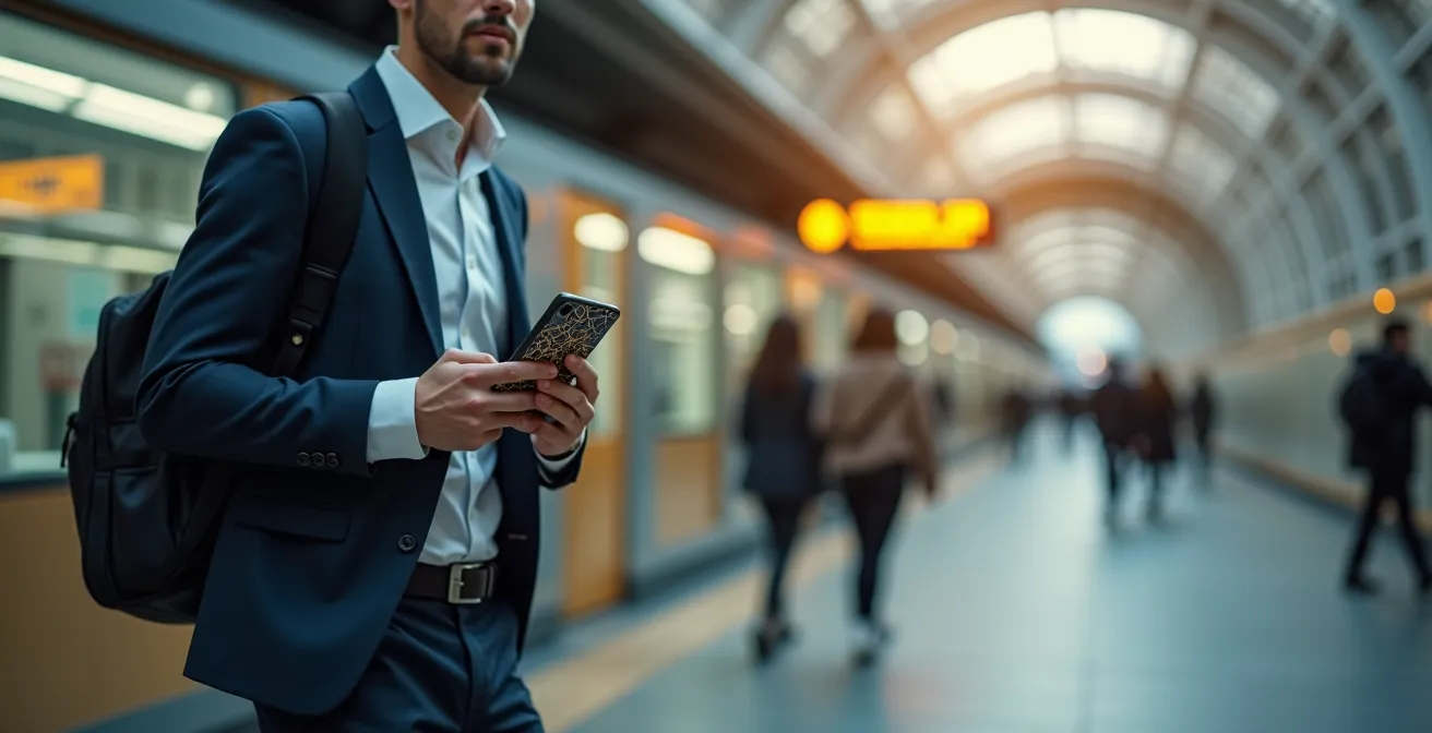 Composition abstraite montrant trois modes de transport interconnectés formant un réseau fluide