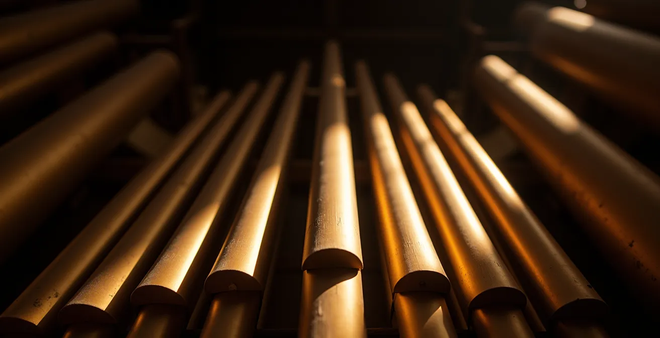 Vue en contre-plongée de l'orgue Casavant de la Basilique Notre-Dame, capturant la monumentalité de l'instrument