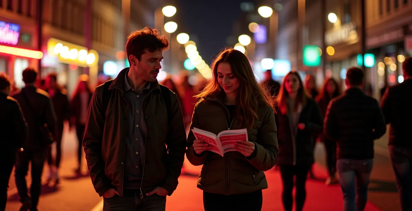 Vue nocturne du parcours lumineux du Quartier des spectacles avec les points rouges caractéristiques guidant les visiteurs