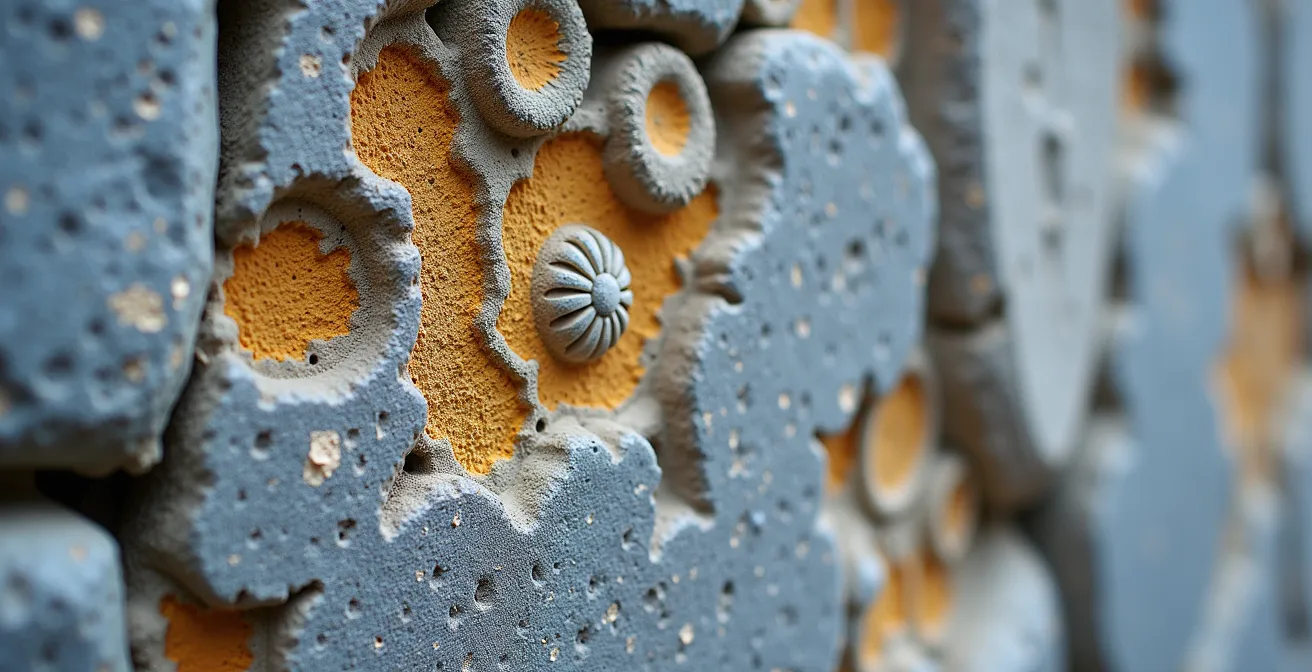 Détail macro de la pierre calcaire grise de Montréal montrant les fossiles marins incrustés