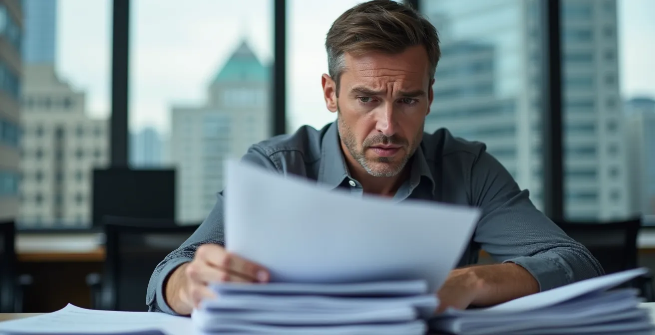 Un professionnel consultant des documents administratifs complexes dans un bureau moderne de Montréal