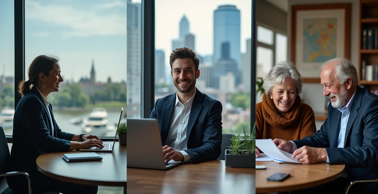 Trois professionnels montréalais représentant différents profils d'investisseurs dans leurs environnements de travail.