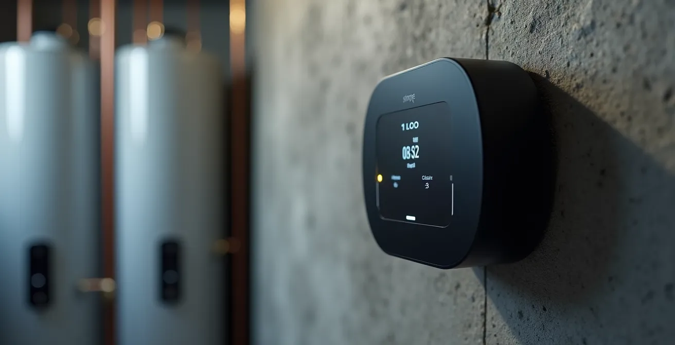 Chauffe-eau moderne avec contrôleur Sinopé dans sous-sol québécois typique