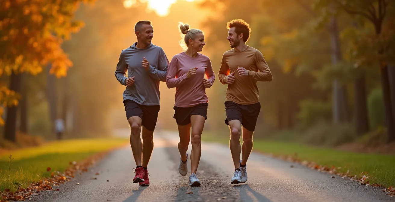 Groupe de coureurs débutants s'entraînant ensemble sur un sentier plat du Mont Royal