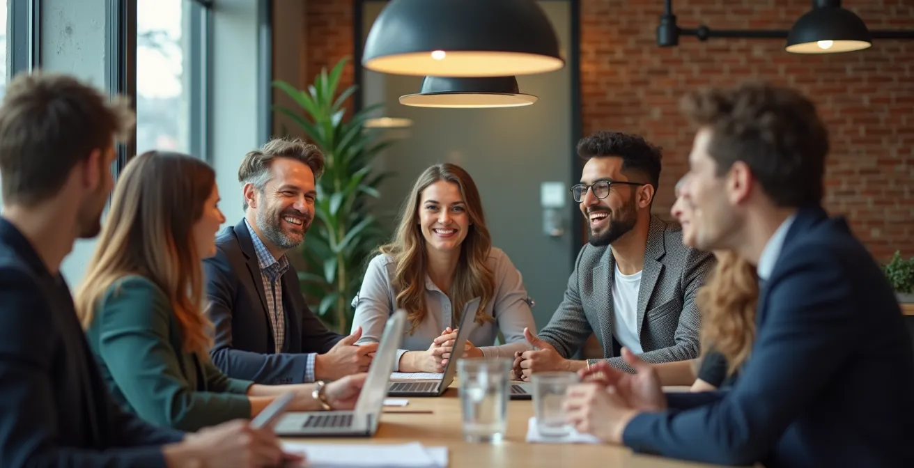 Groupe de professionnels en discussion dans un espace de coworking moderne à Montréal