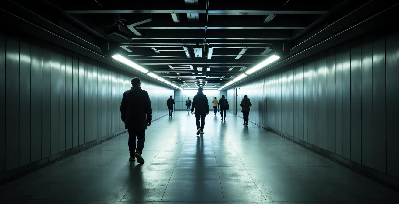 Vue intérieure du réseau souterrain RÉSO de Montréal avec ses passages modernes et sa signalisation distinctive