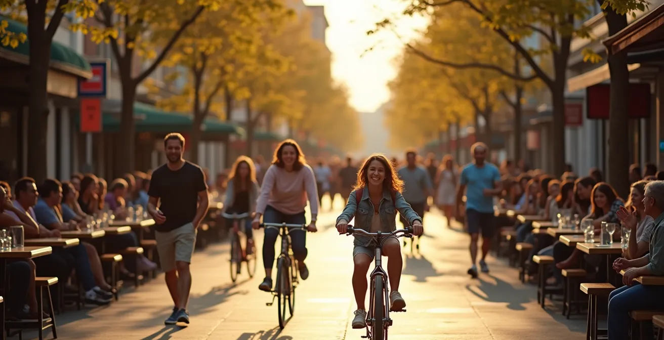 Terrasses animées sur une rue piétonne de Montréal avec commerces et végétation