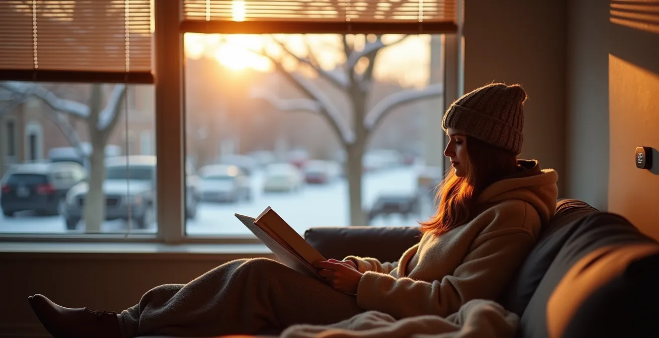 Salon lumineux montréalais avec stores intelligents et ambiance chaleureuse hivernale