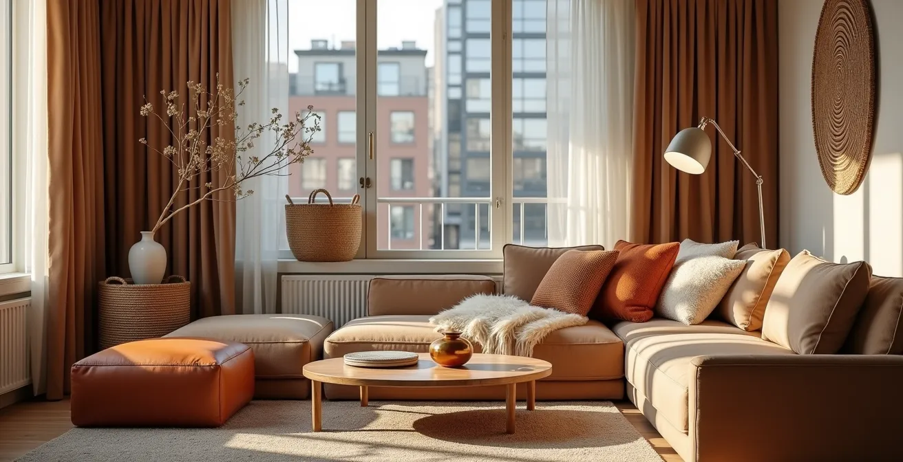 Vue d'ensemble d'un salon de Griffintown montrant l'harmonie de multiples textures dans une palette de couleurs neutres