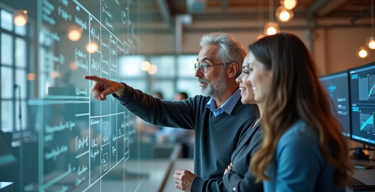 Expert métier en discussion avec une équipe IA dans un laboratoire moderne de Montréal