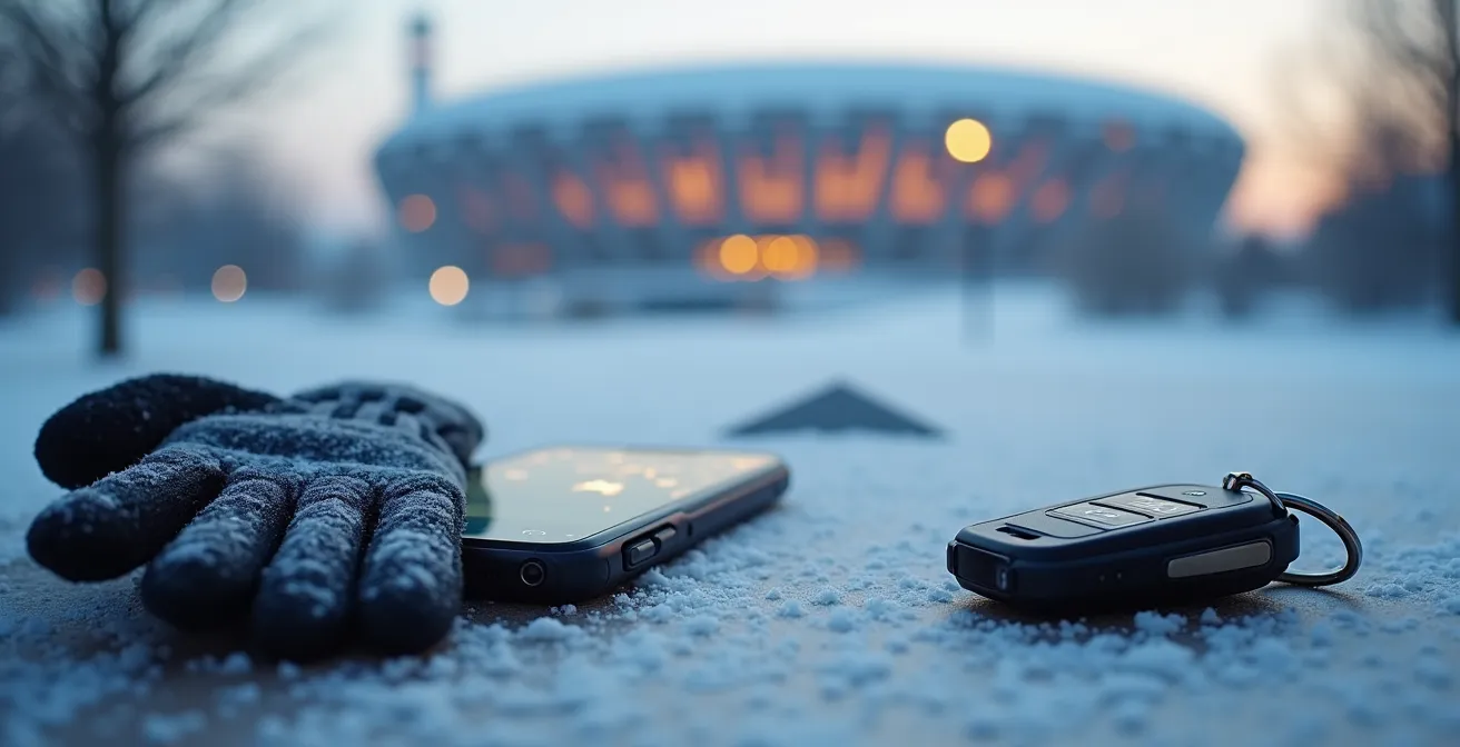 Composition minimaliste d'objets technologiques arrangés sur une surface enneigée avec l'architecture montréalaise en arrière-plan