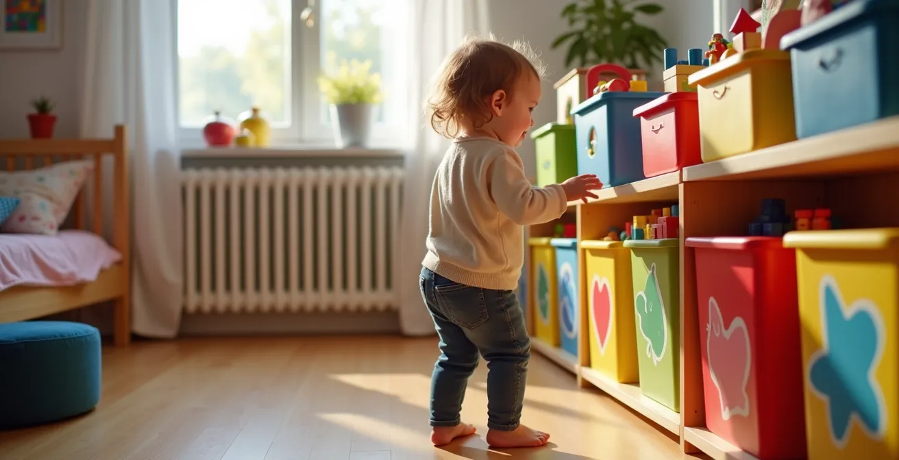 Chambre d'enfant montréalaise avec système de rangement coloré à pictogrammes et bacs accessibles