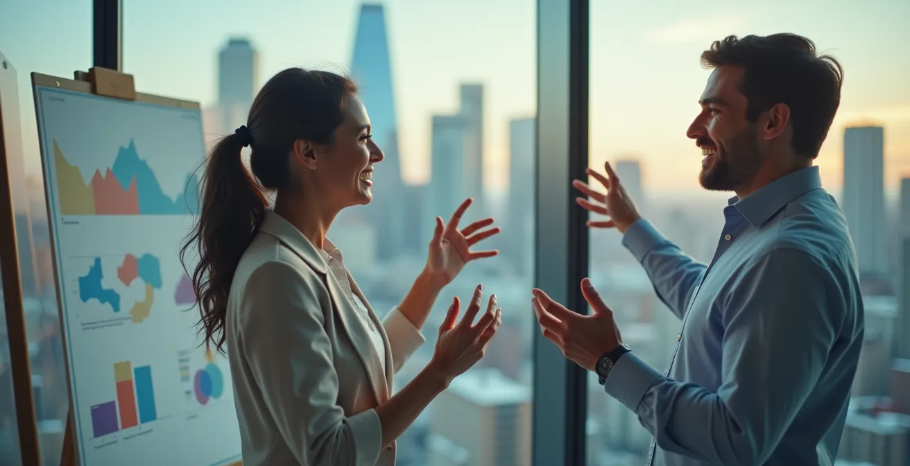 Professionnels analysant des indicateurs de performance sur un tableau de bord moderne avec la skyline de Montréal en arrière-plan