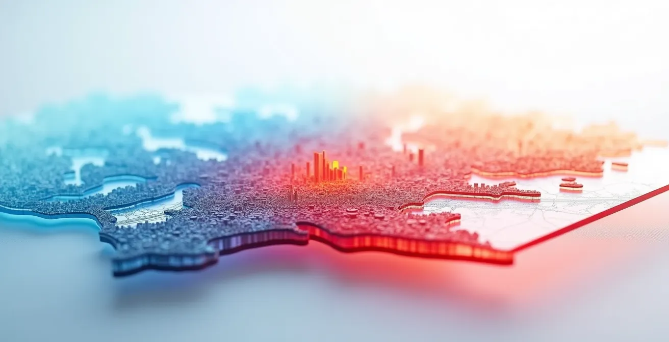 Carte thermique abstraite de Montréal montrant l'intensité du trafic à différentes heures