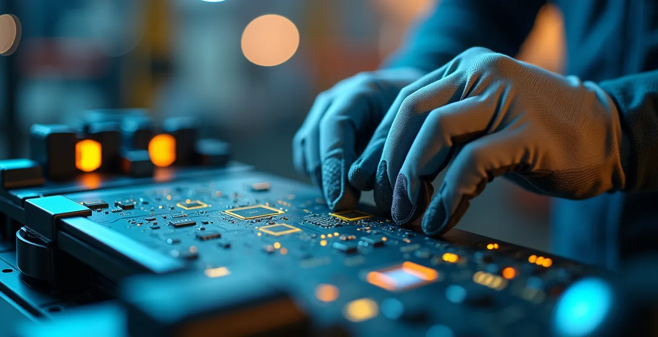 Technicien effectuant la maintenance d'un système automatisé dans un entrepôt moderne