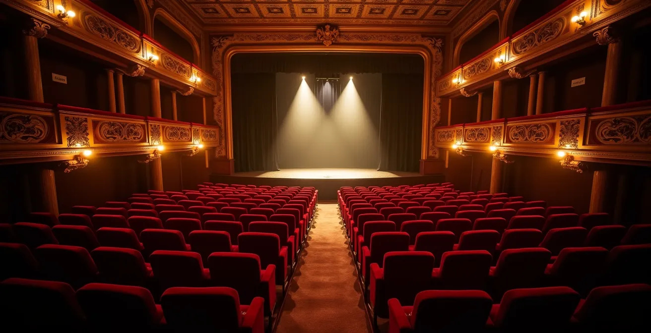 Vue intérieure d'une salle de spectacle montréalaise avec éclairage dramatique sur les sièges rouges et la scène