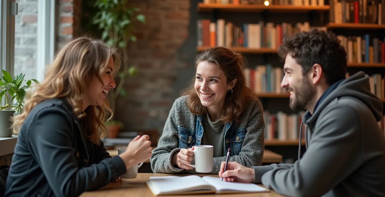 Intérieur d'un café-atelier montréalais typique avec ambiance chaleureuse et créative