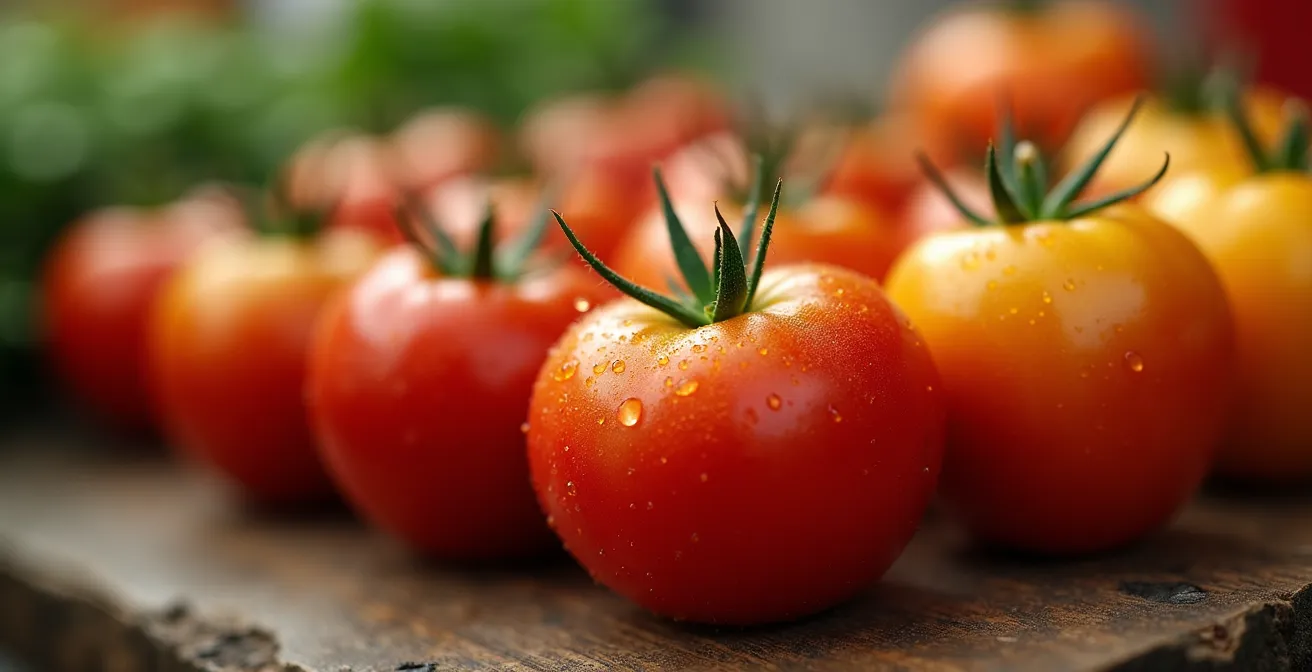 Gros plan sur des tomates ancestrales colorées du marché avec leur texture et leurs imperfections naturelles