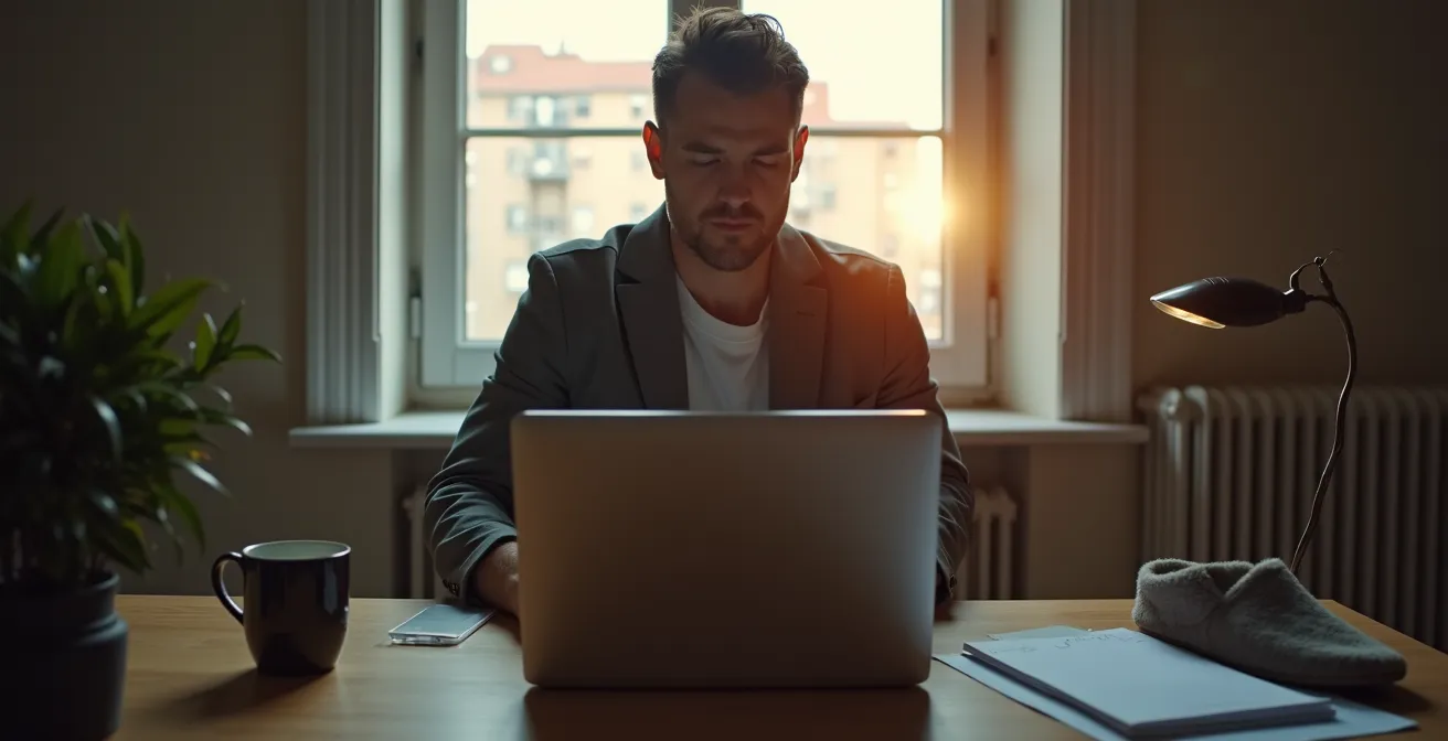 Vue en perspective d'un appartement montréalais montrant la transition visuelle entre espace de travail et espace de vie