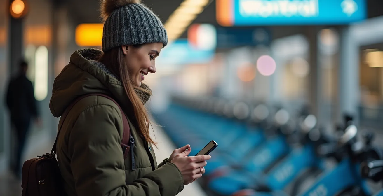 Personne consultant son téléphone pour planifier un trajet multimodal avec le métro de Montréal en arrière-plan