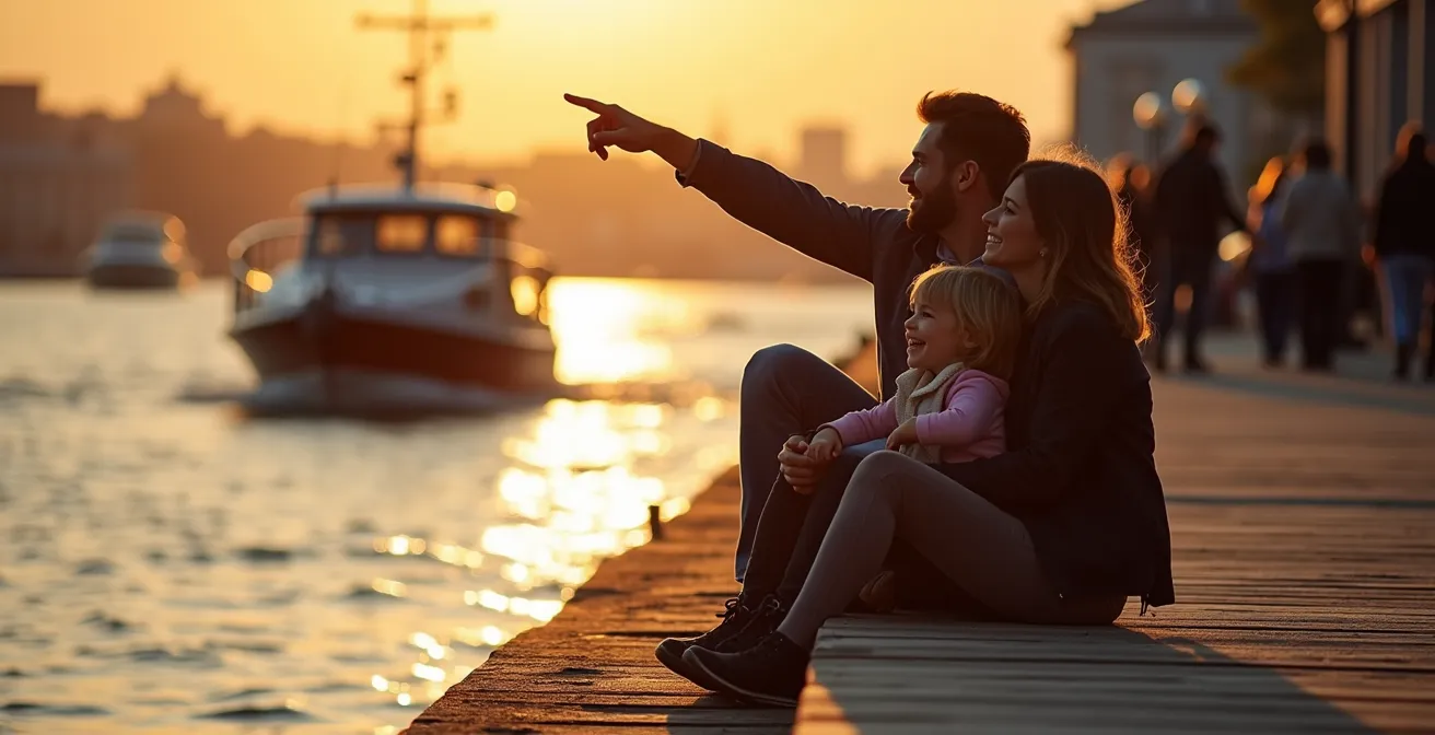 Famille profitant du calme du Vieux-Port au coucher du soleil avec lumière dorée