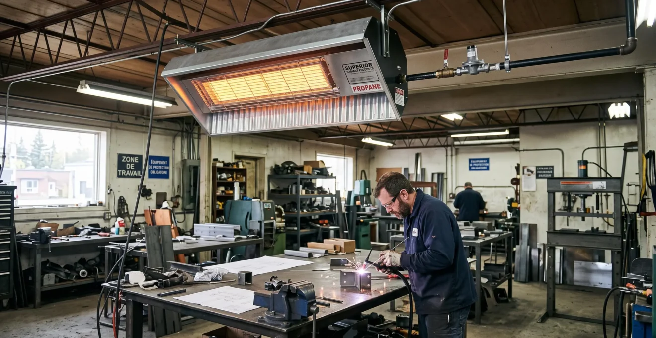 Système de chauffage radiant au propane installé dans un atelier de petite manufacture au Québec avec travailleur en activité