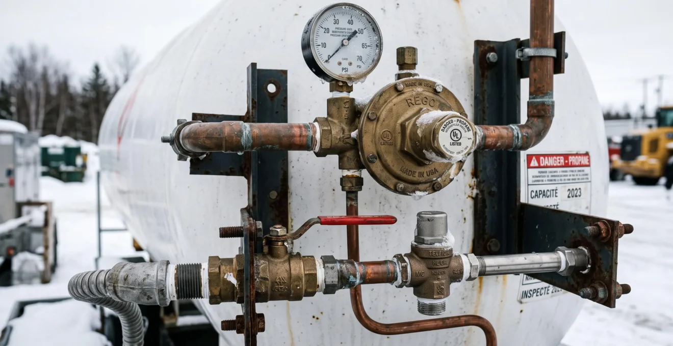 Gros plan sur les équipements de régulation et de raccordement d'un système de propane commercial incluant régulateur de pression, vannes et tuyauterie