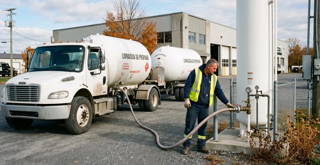 Technicien de livraison gérant le remplissage d'une citerne de propane commerciale à partir d'un camion-citerne au Québec