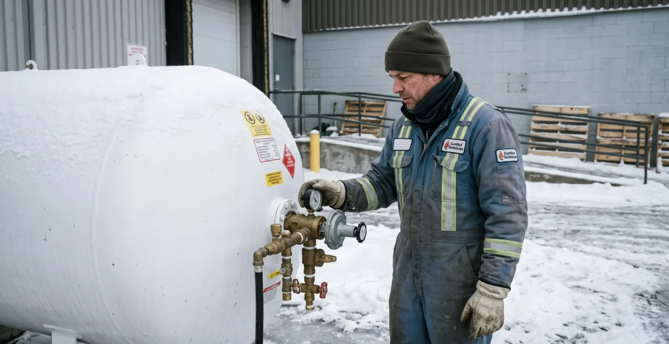 Technicien certifié inspectant une citerne de propane industrielle à l'extérieur d'une installation commerciale en hiver au Québec